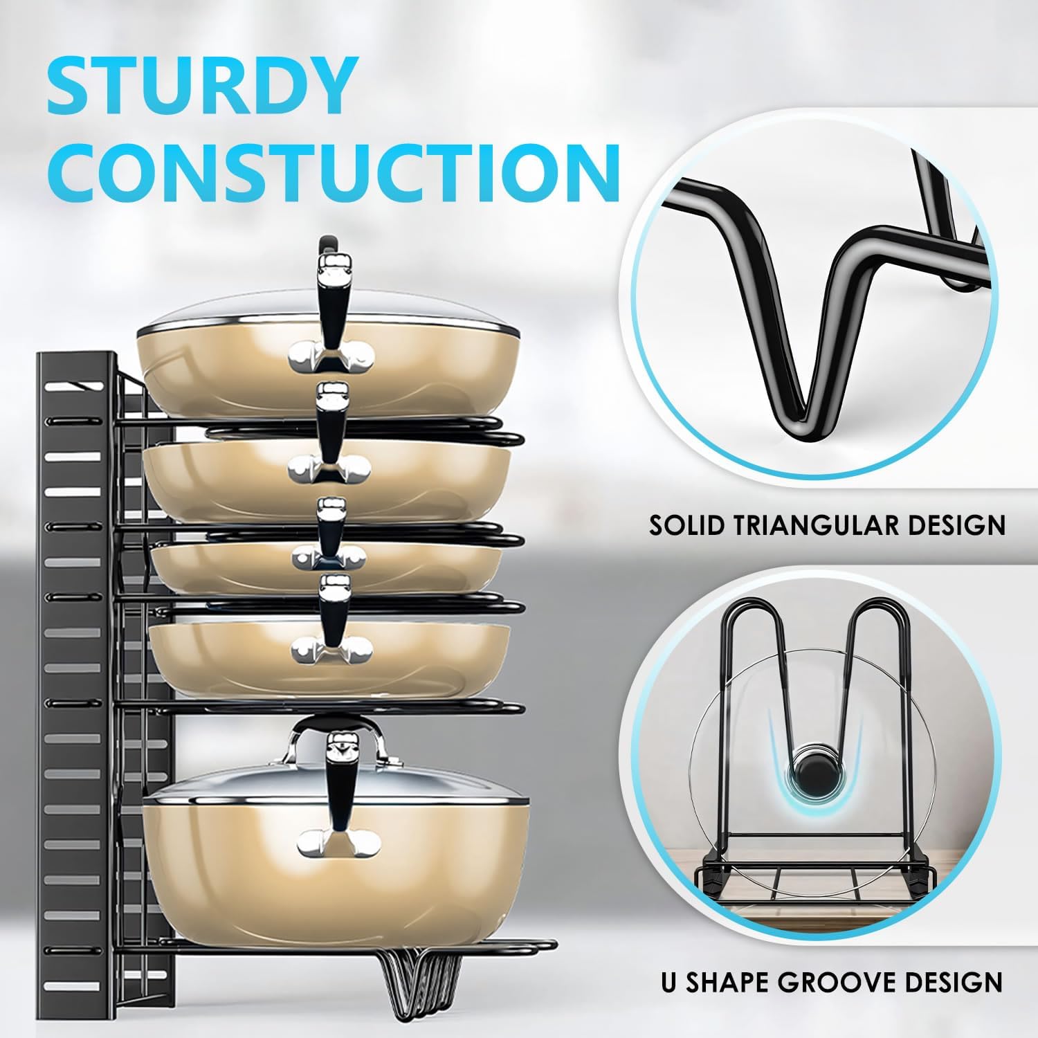 Stackable pot and pan organizer with sturdy construction features highlighted