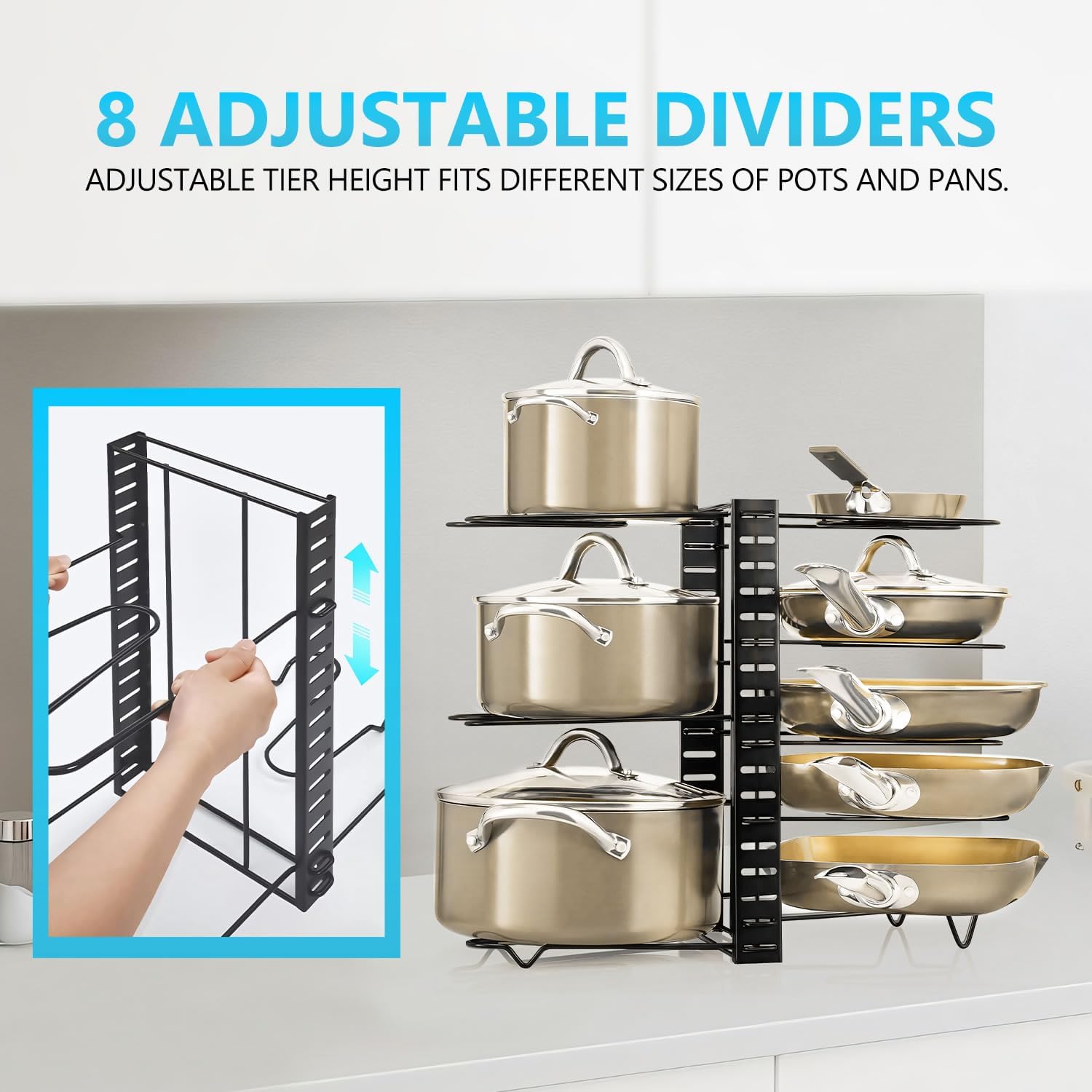 Kitchen pot and pan organizer with adjustable dividers on a white background