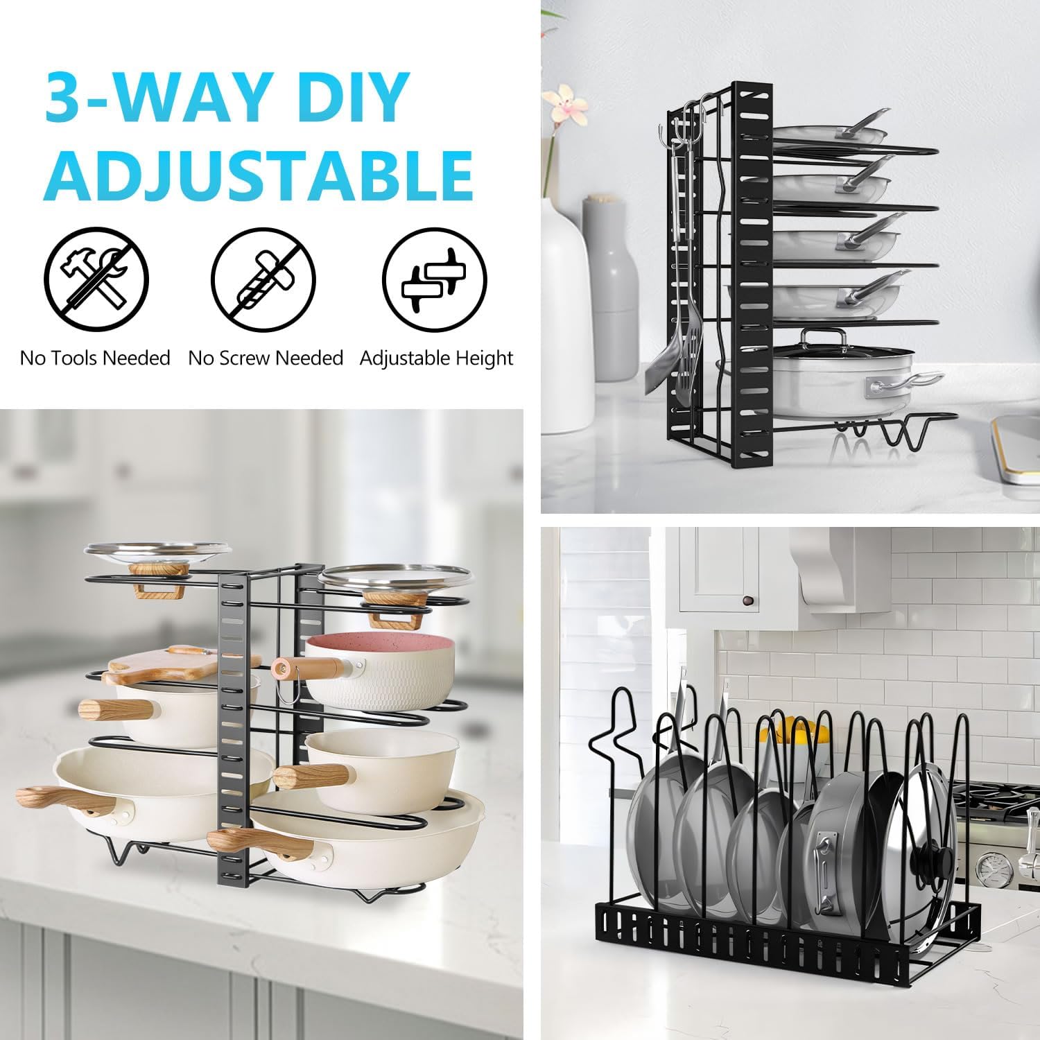 3-way adjustable kitchen organizer with pots, pans, and plates on a white countertop.