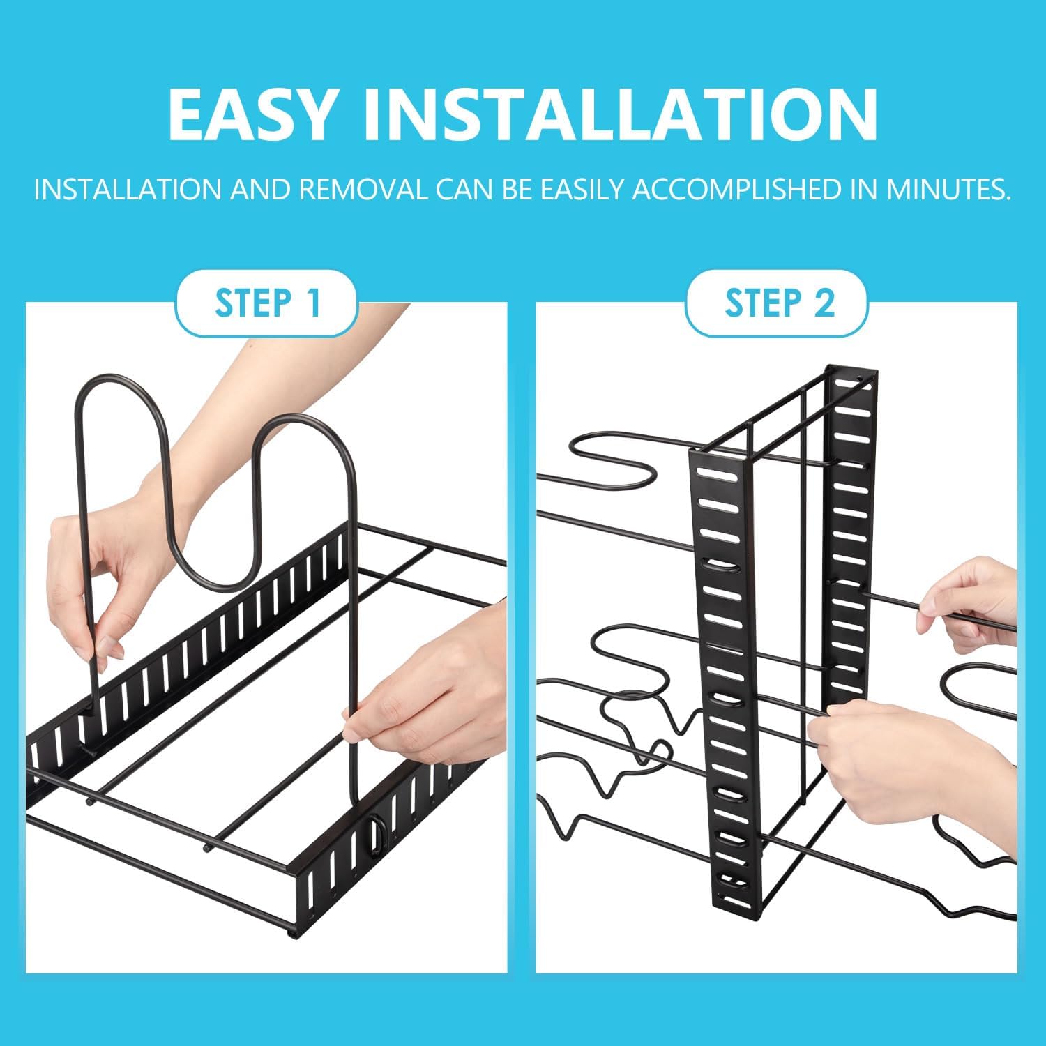 Step-by-step guide on installing a black metal rack with text indicating easy installation.