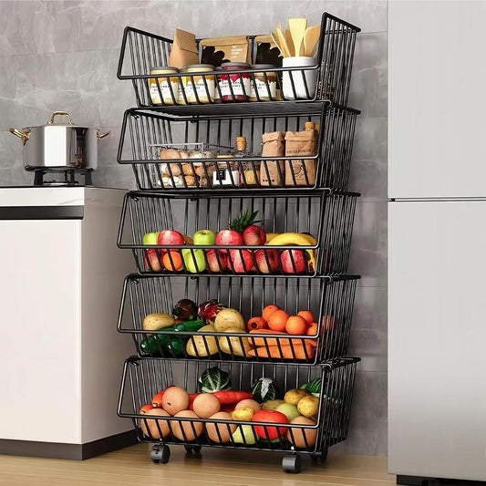 Multi-tiered metal basket organizer with fruits and vegetables in a kitchen setting.