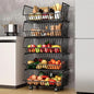 Multi-tiered metal basket organizer with fruits and vegetables in a kitchen setting.