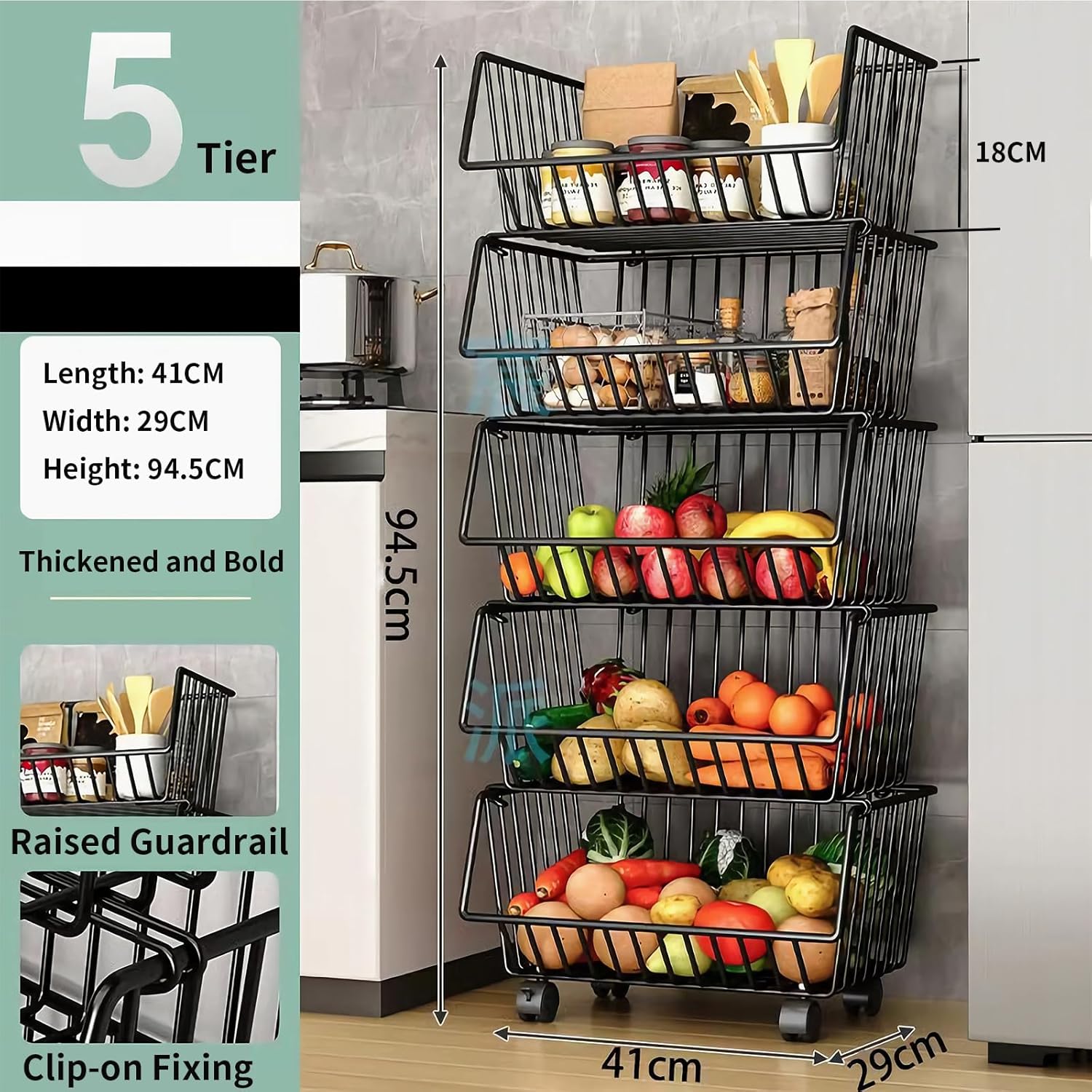 Five-tier metal storage rack with measurements and product details.
