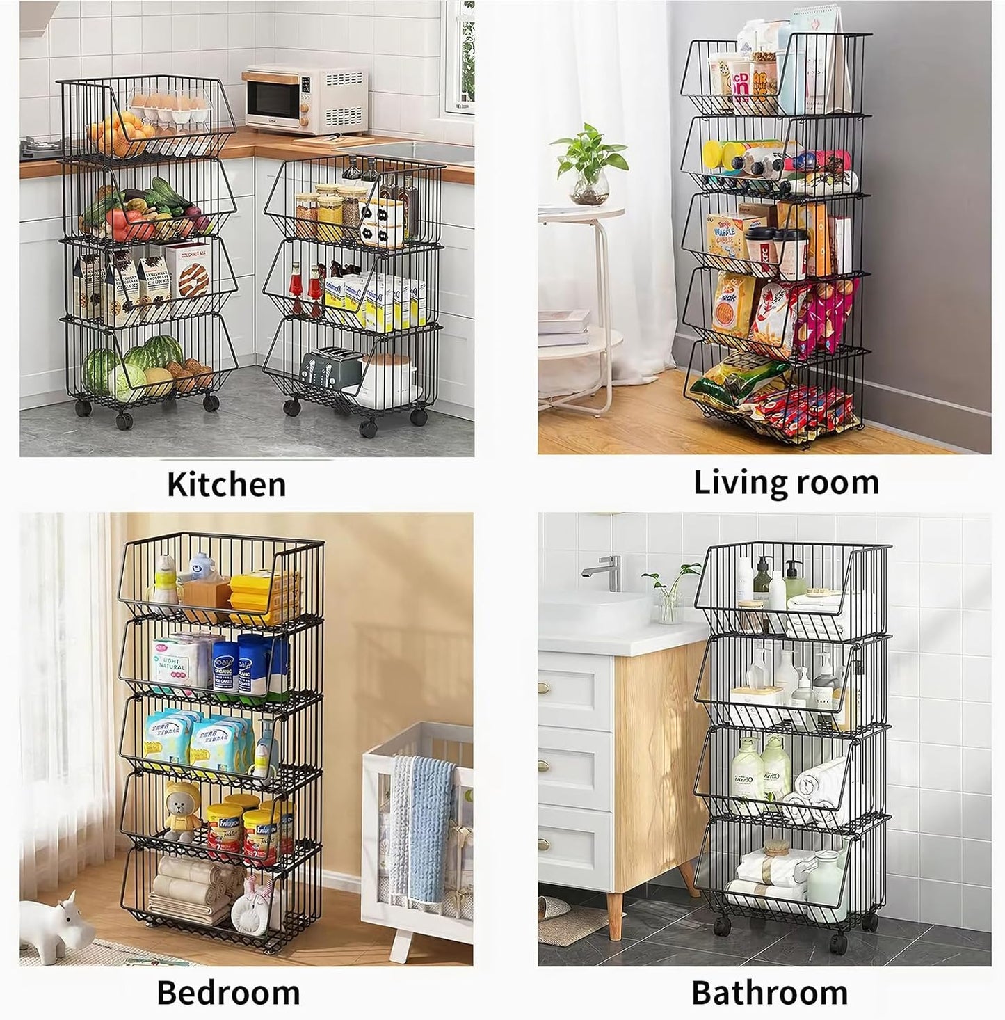 Multifunctional metal storage rack used in various rooms including kitchen, living room, bedroom, and bathroom.
