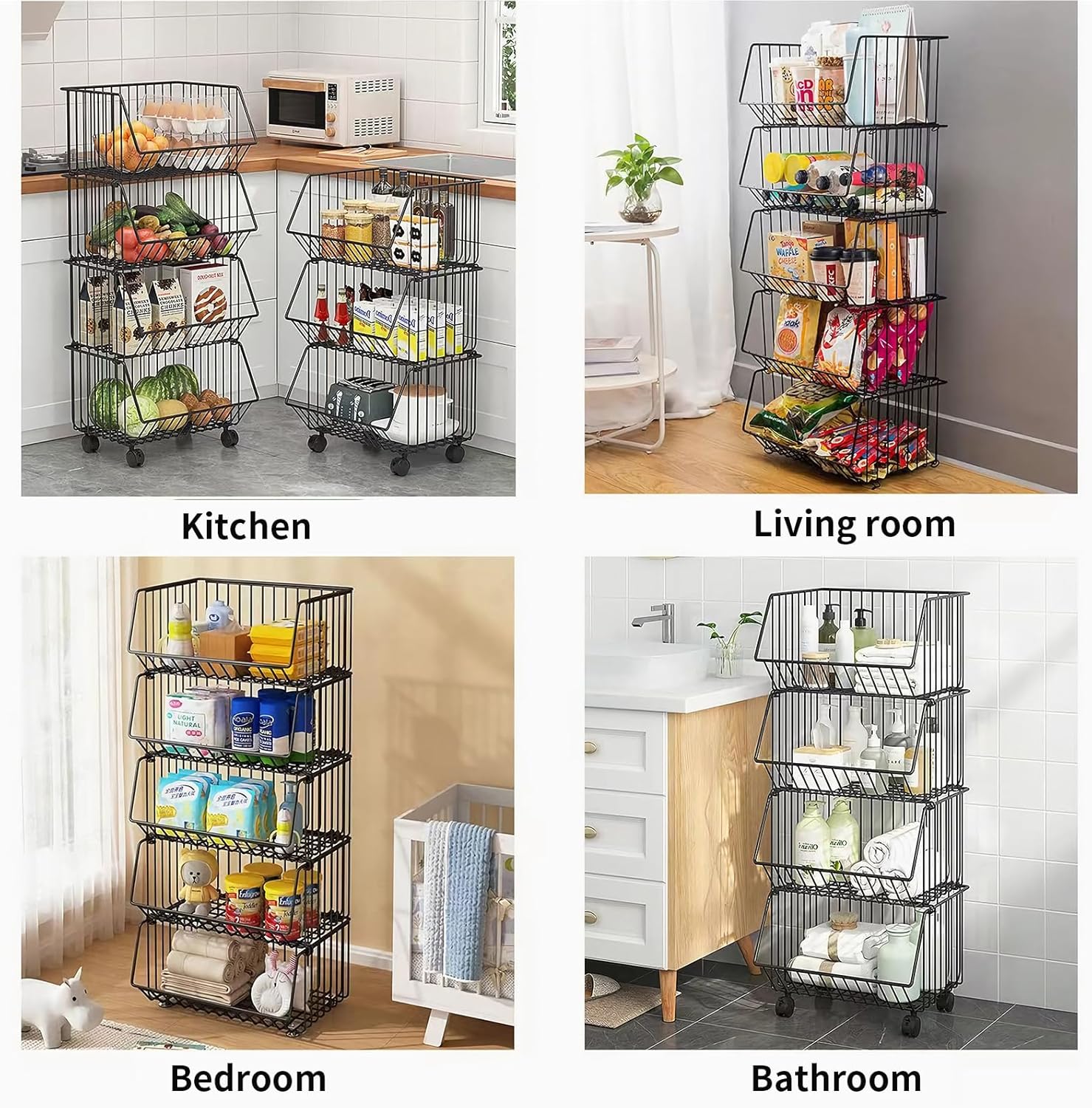 Multifunctional metal storage rack used in various rooms including kitchen, living room, bedroom, and bathroom.