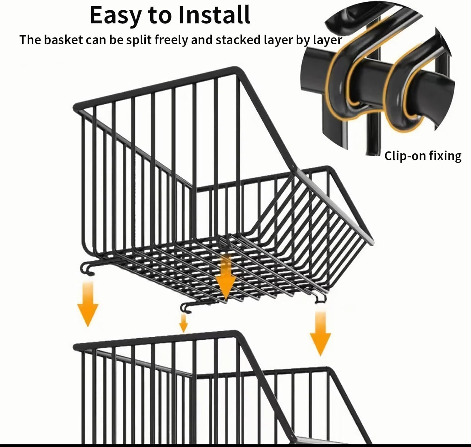 Black metal wall-mounted basket with clip-on fixing mechanism on a white background