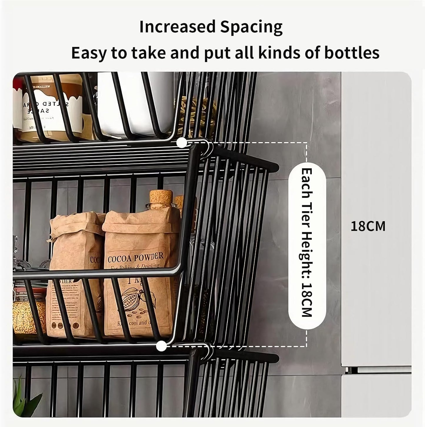 Black metal wire basket with labeled dimensions and product details on a neutral background