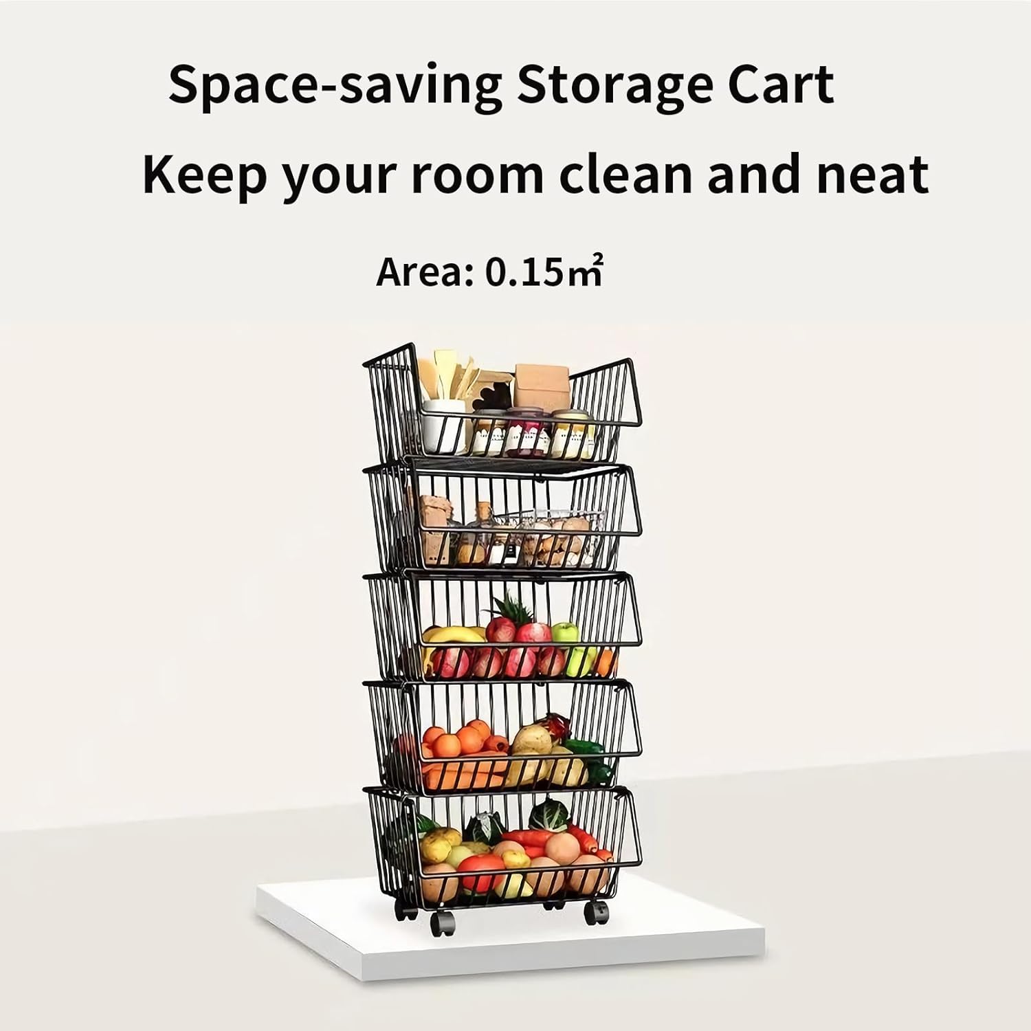 Space-saving storage cart with multiple tiers filled with various items on a white background