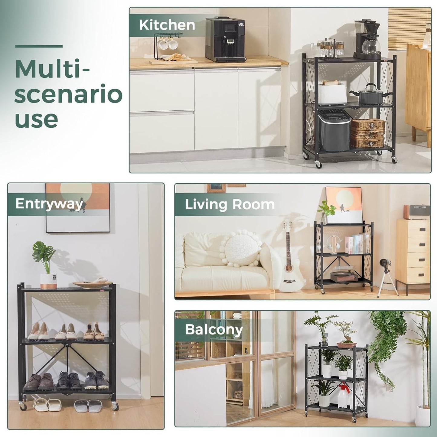Multifunctional cart used in various rooms including kitchen, entryway, living room, and balcony.