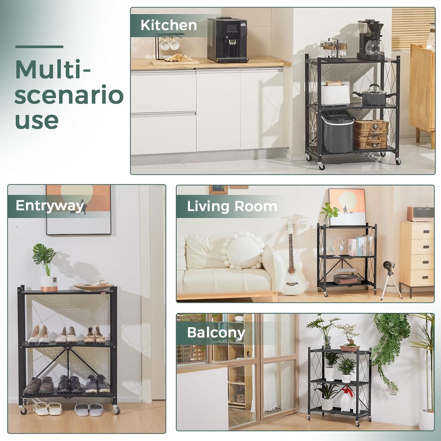 Multifunctional cart used in various rooms including kitchen, entryway, living room, and balcony.