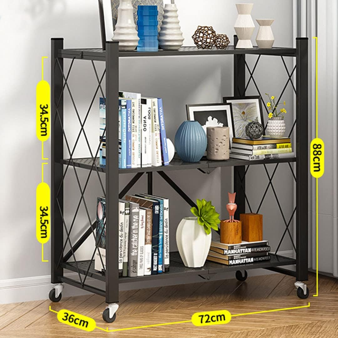 Black metal bookshelf with books and decor items, shown with measurements.