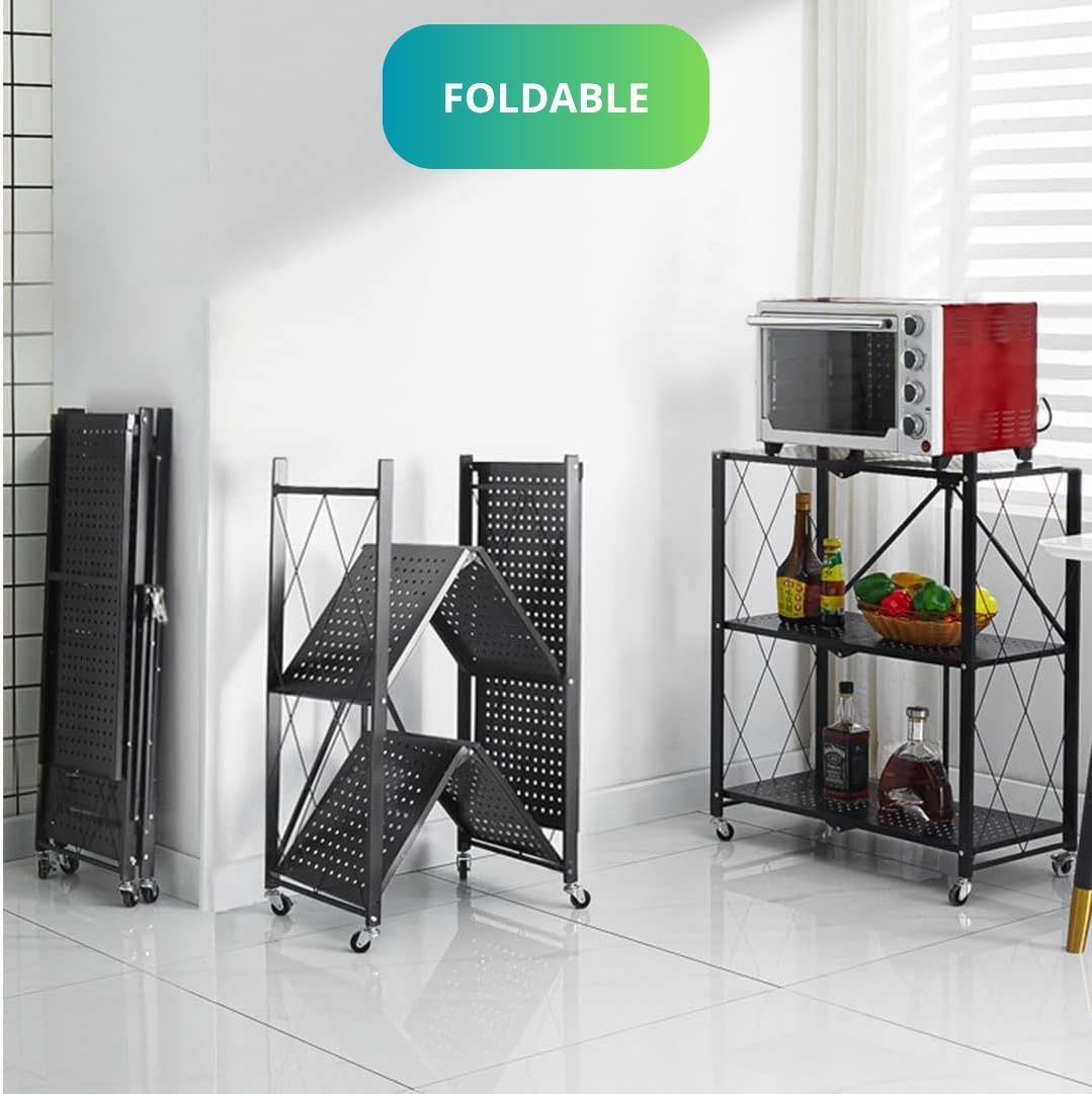 Foldable metal shelving unit with a kitchen setup on a white floor.