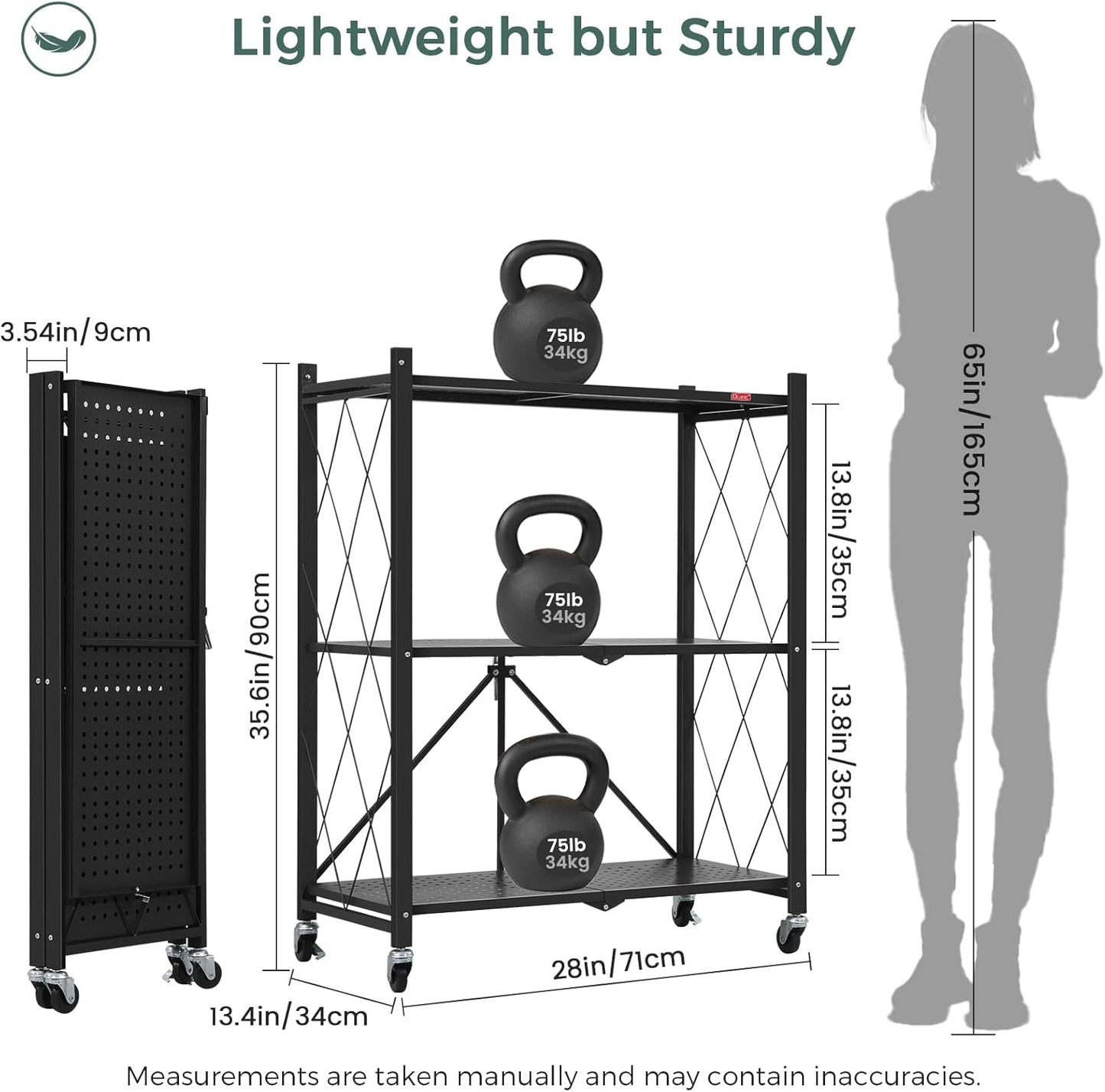 Fitness storage rack with kettlebells and measurements, showing its size relative to a person.