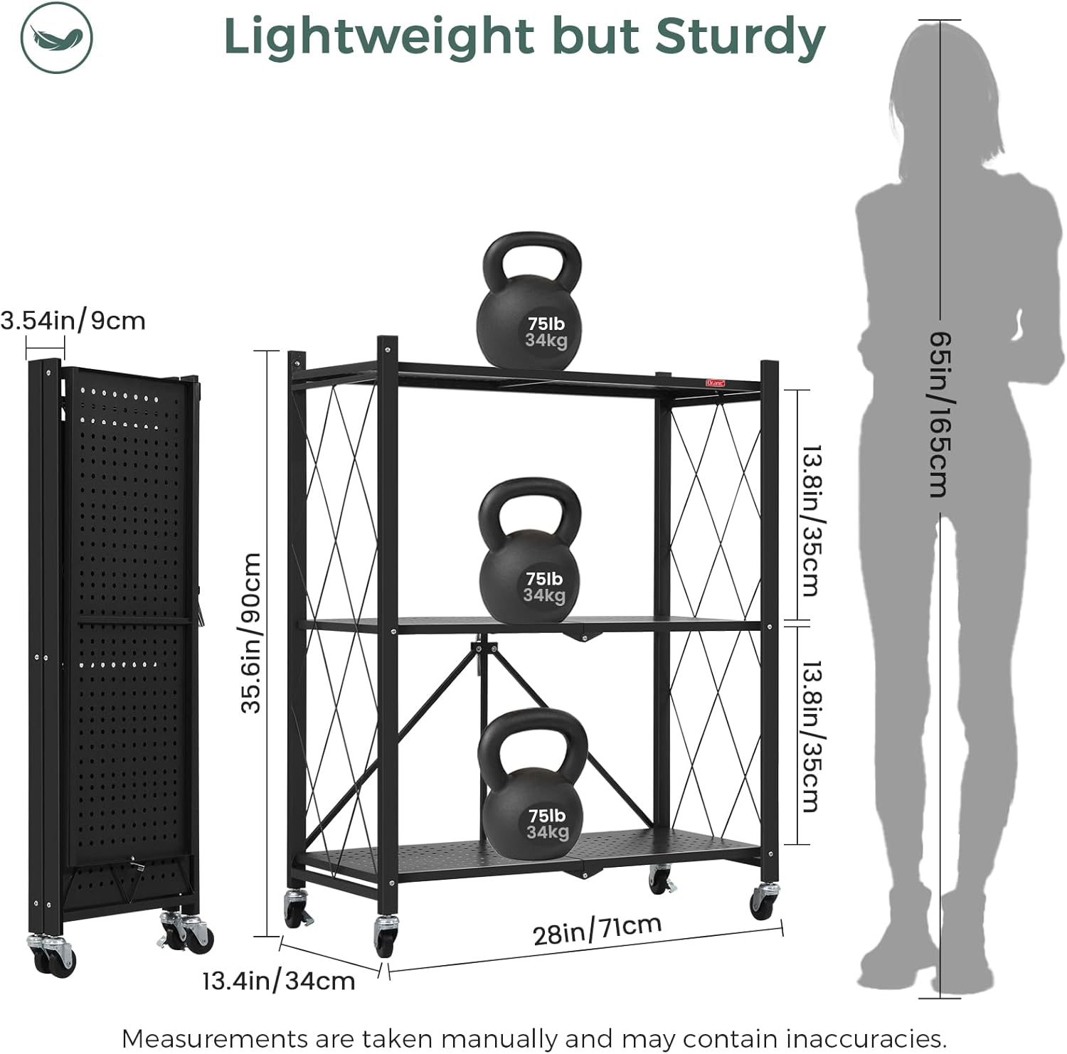 Fitness storage rack with kettlebells and measurements, showing its size relative to a person.