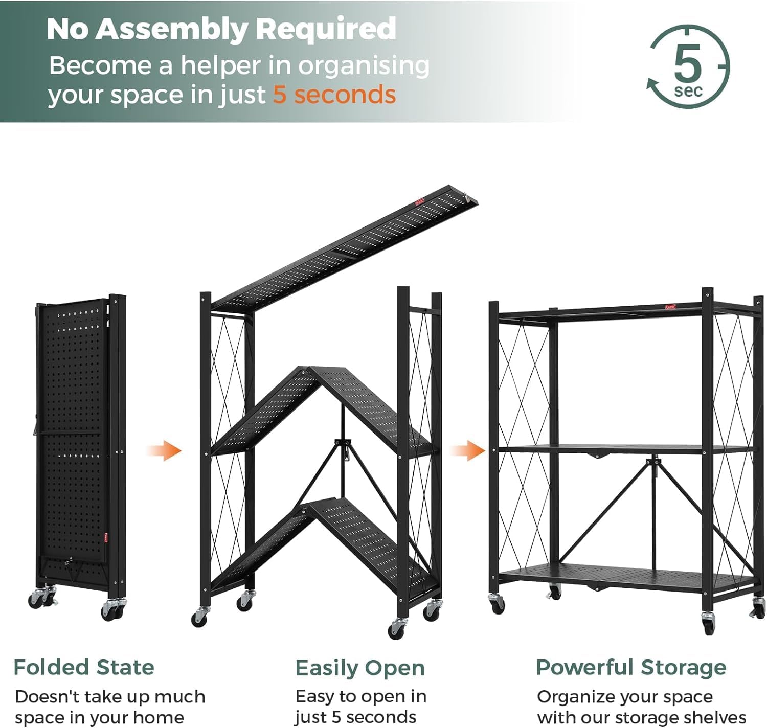 Black storage shelves in folded, open, and powerful storage states with text about no assembly required.