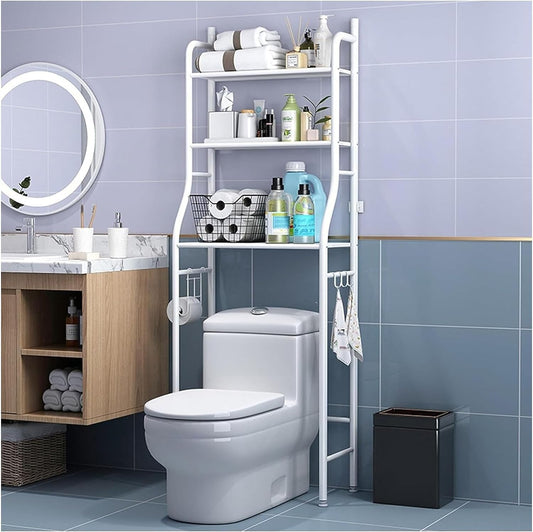 Bathroom with a white over-the-toilet storage shelf, sink, and various toiletries.