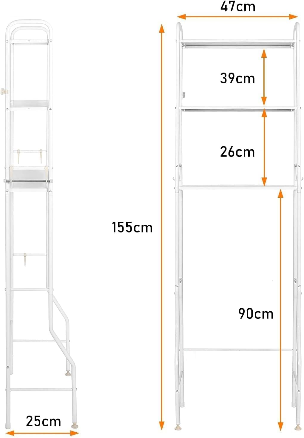 White metal ladder with dimensions labeled on a white background