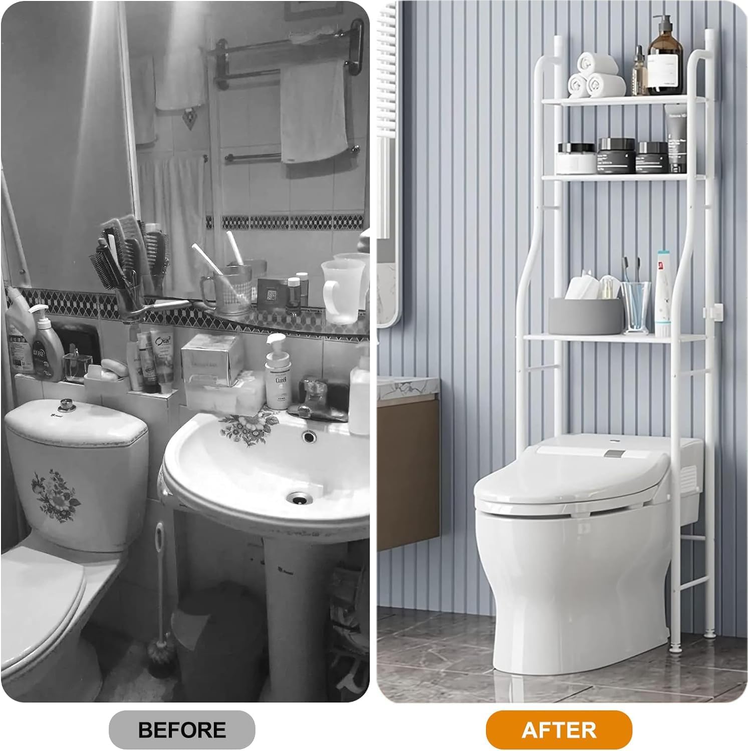 Bathroom transformation before and after with a white shelving unit.