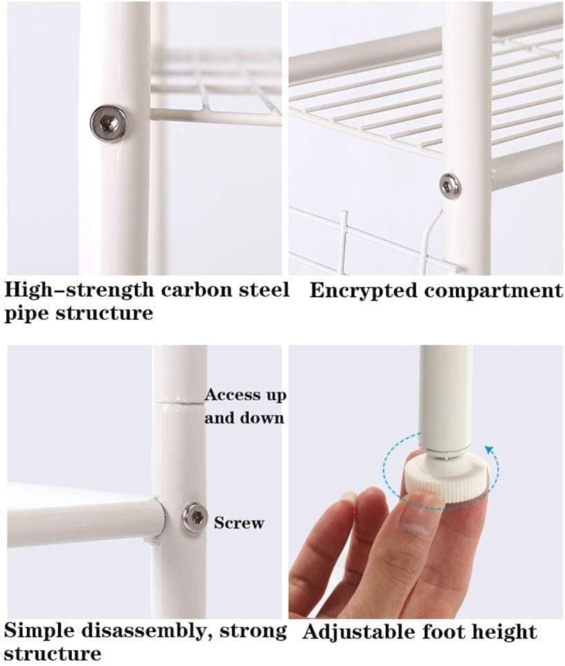 White metal ladder with text highlighting features like high-strength carbon steel structure and adjustable foot height.