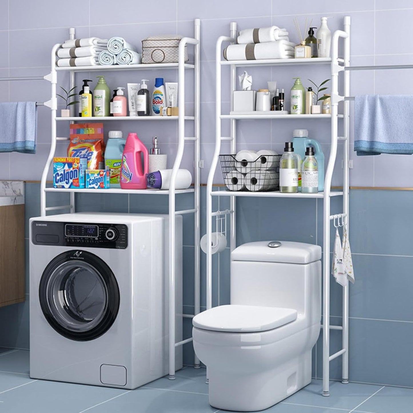 Bathroom with white shelves above a washing machine and toilet, containing various cleaning supplies.