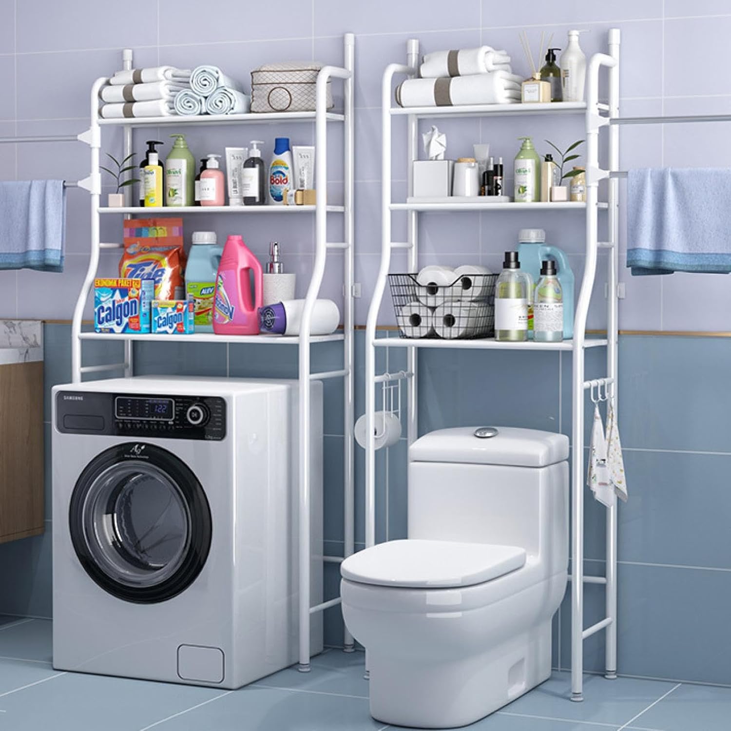 Bathroom with white shelves above a washing machine and toilet, containing various cleaning supplies.
