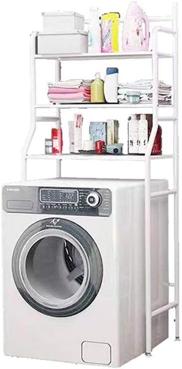 White storage rack with various items above a washing machine on a white background