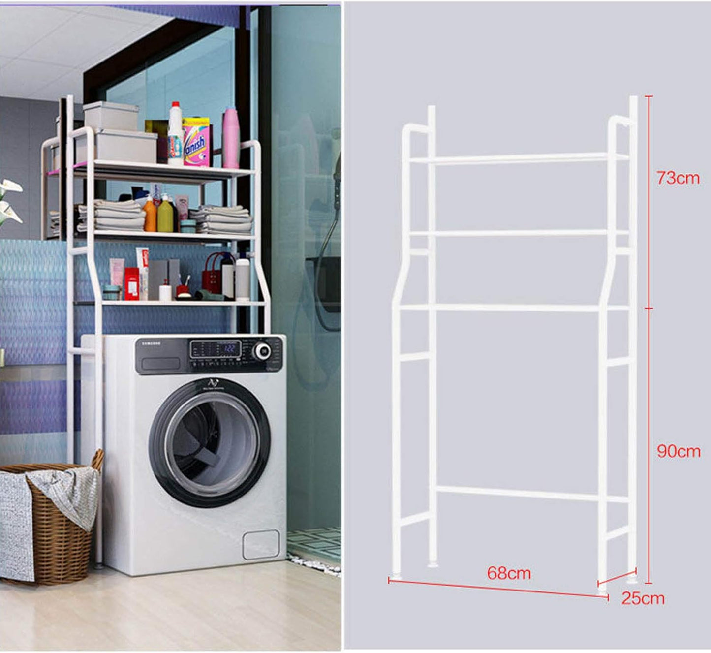 white shelf over washing machine in bathroom and shelf with dimensions next to it
