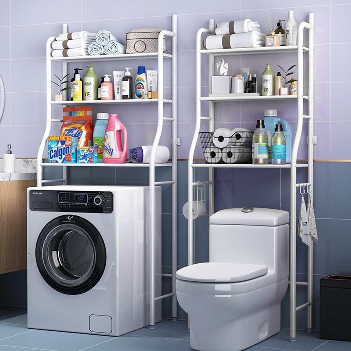 shelving above the washing machine and toilet