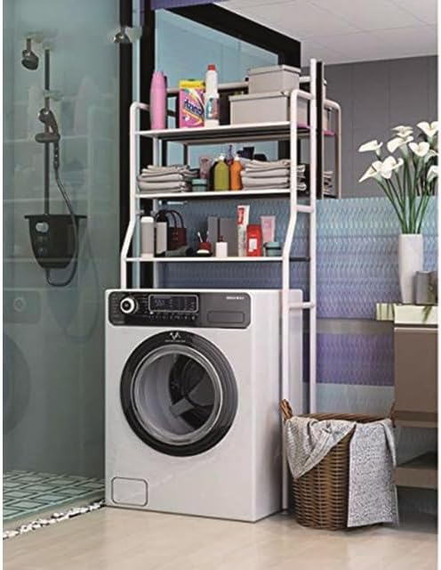white shelving over washing machine in a bathroom
