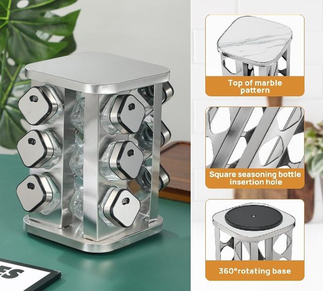Silver rotary spice rack with detailed features on a white background