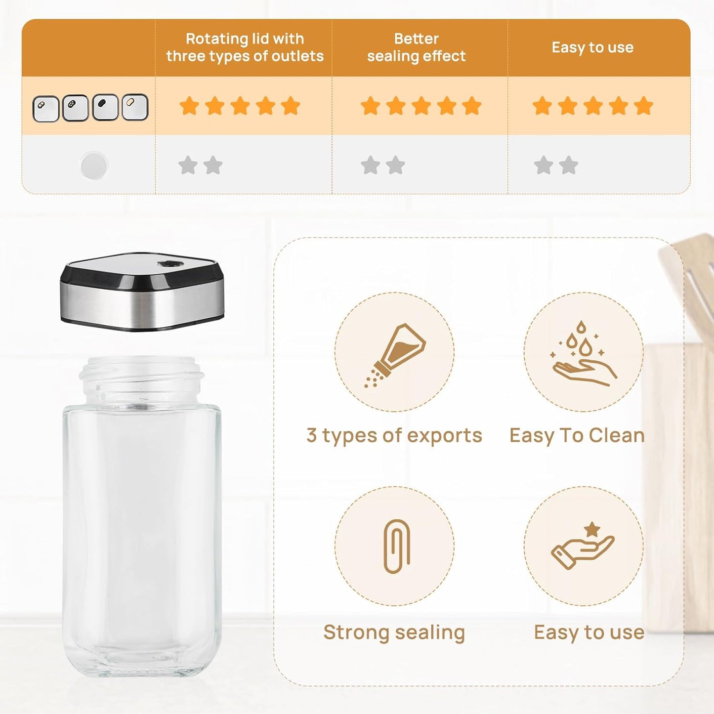 Glass jar with a rotating lid featuring product features and benefits on a white background.