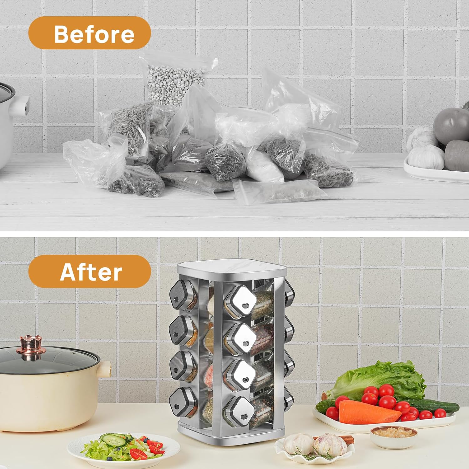 Before and after comparison of a kitchen shelf with a spice rack.