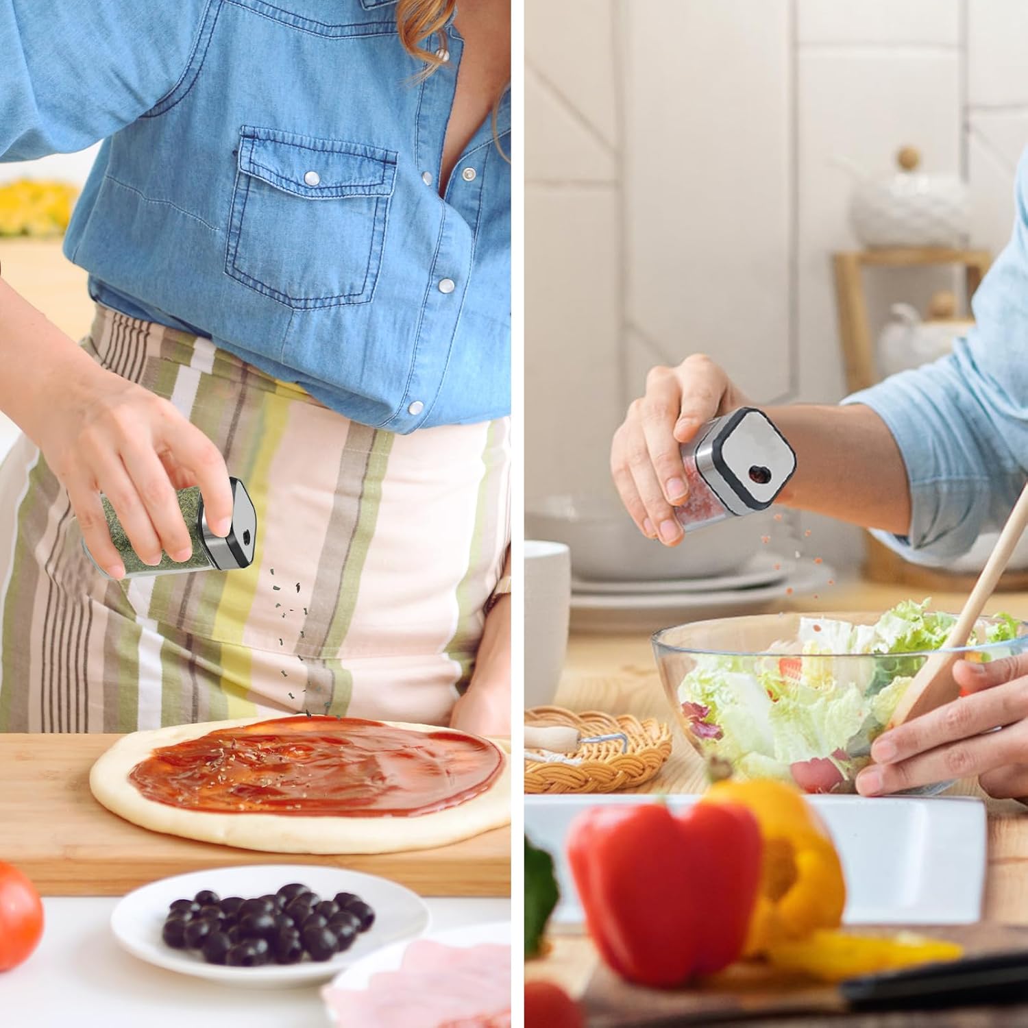 Collage of a person preparing pizza, using a wristband, and a salad in a kitchen setting.