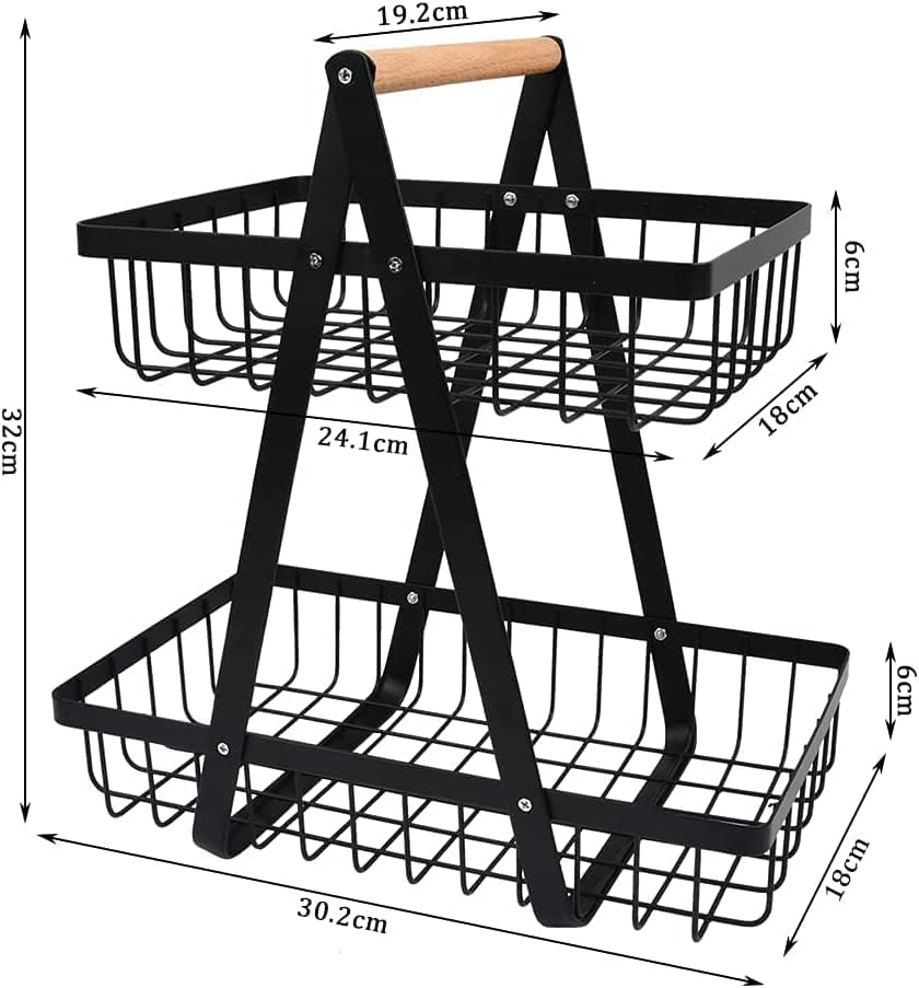 Black metal two-tiered basket with wooden handle and dimensions on a white background