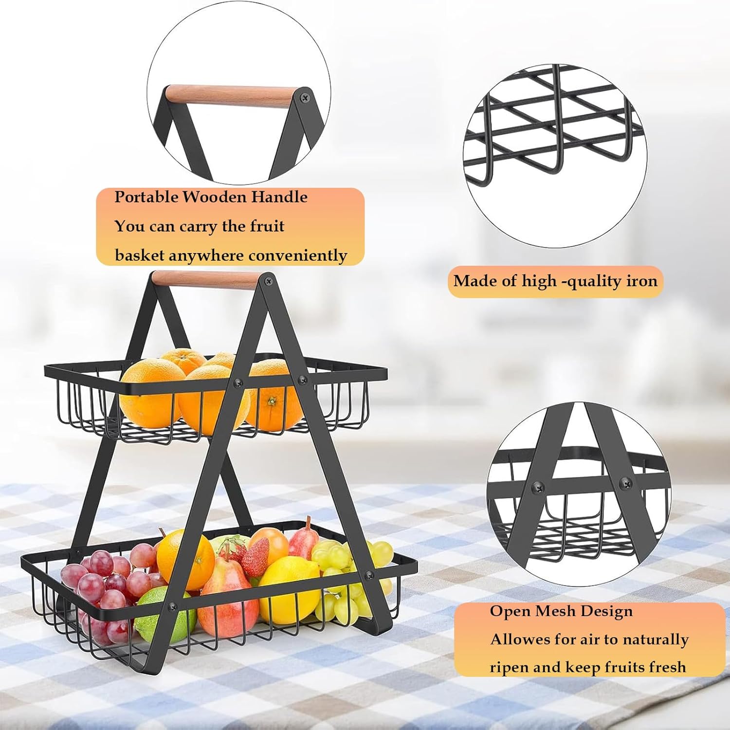 Two-tiered fruit basket with a portable wooden handle, made of high-quality iron, and open mesh design on a checkered tablecloth.