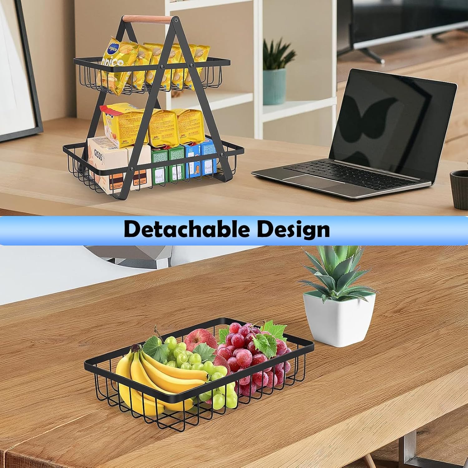 Two images of a detachable kitchen organizer with fruits on a wooden surface.