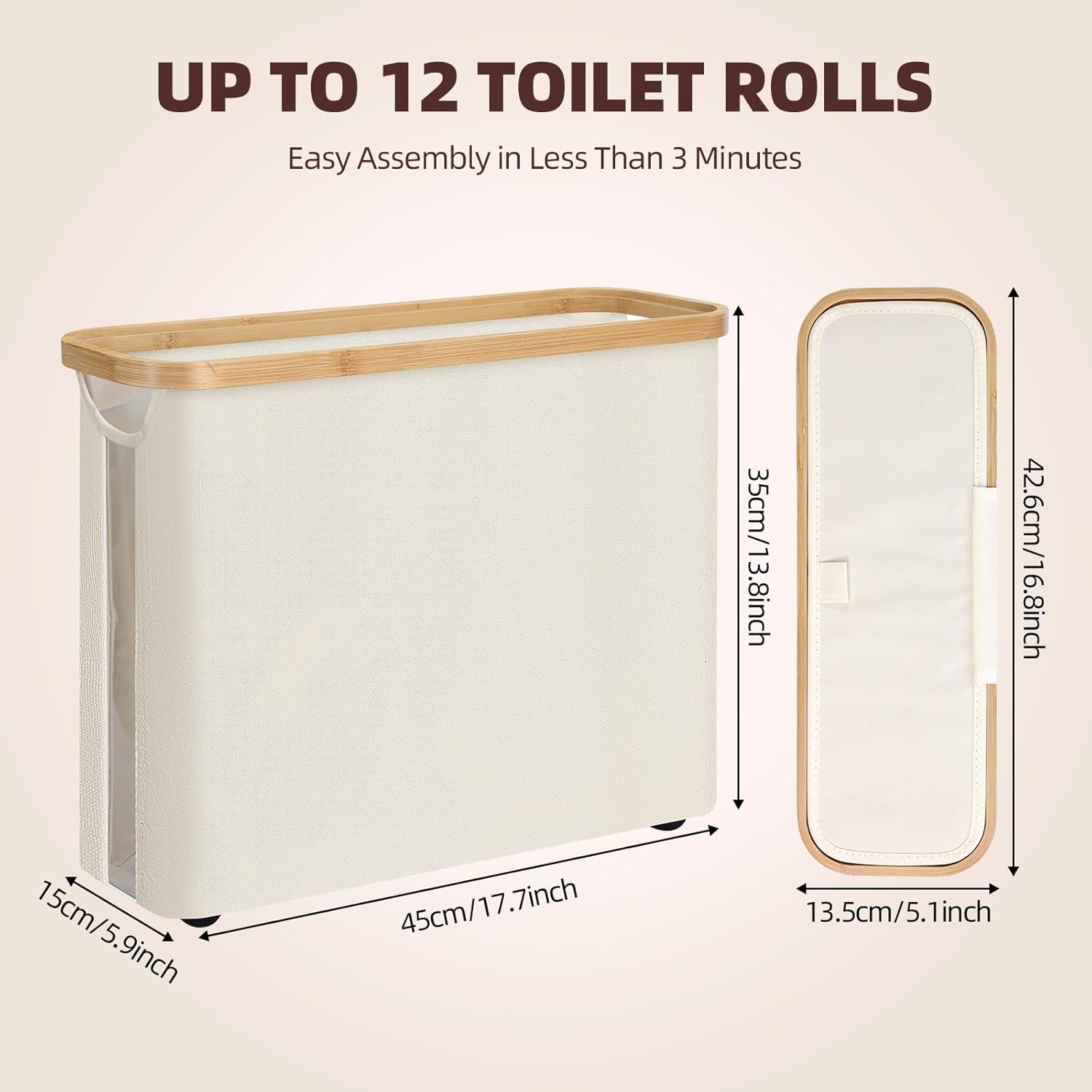 Toilet paper holder with dimensions and text about capacity and assembly time on a beige background