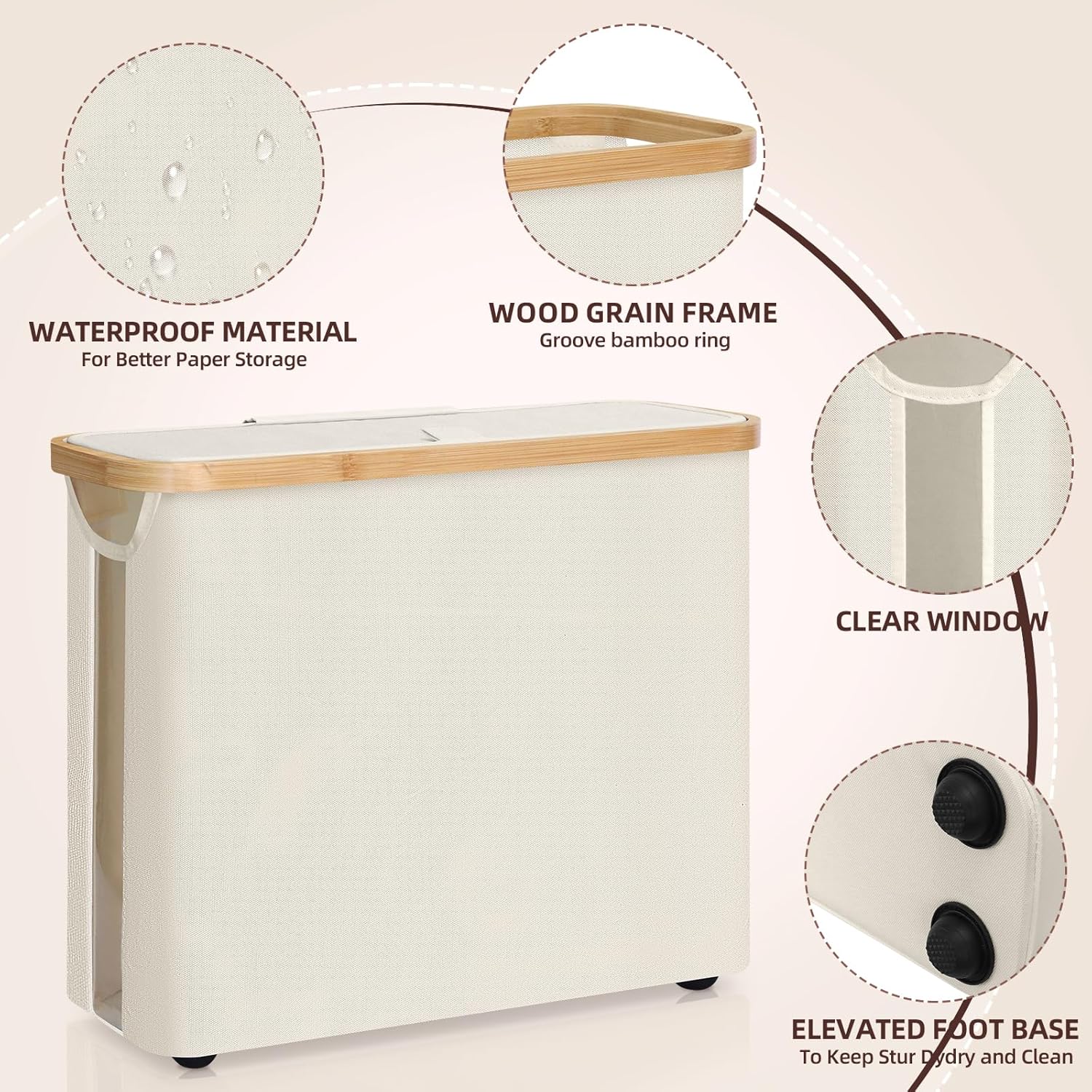 White laundry basket with wood grain frame and clear window, featuring details on material and design.