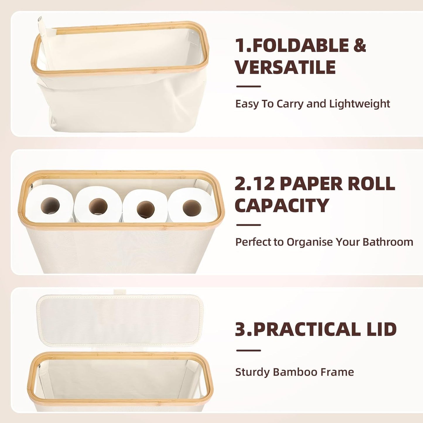 Foldable and versatile toiletry bag with bamboo frame and paper roll capacity, on a beige background.