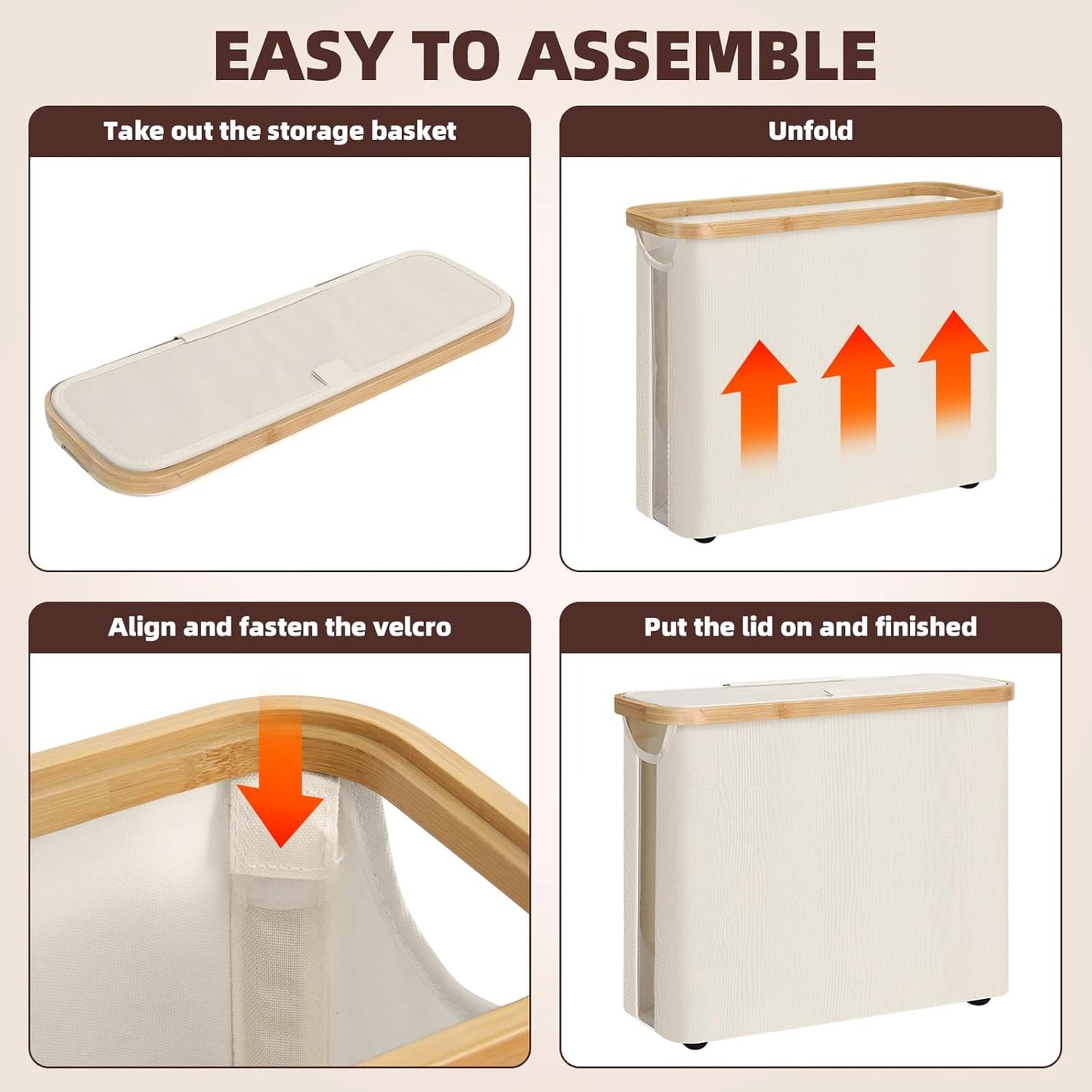 Step-by-step assembly instructions for a storage bin with arrows indicating actions.