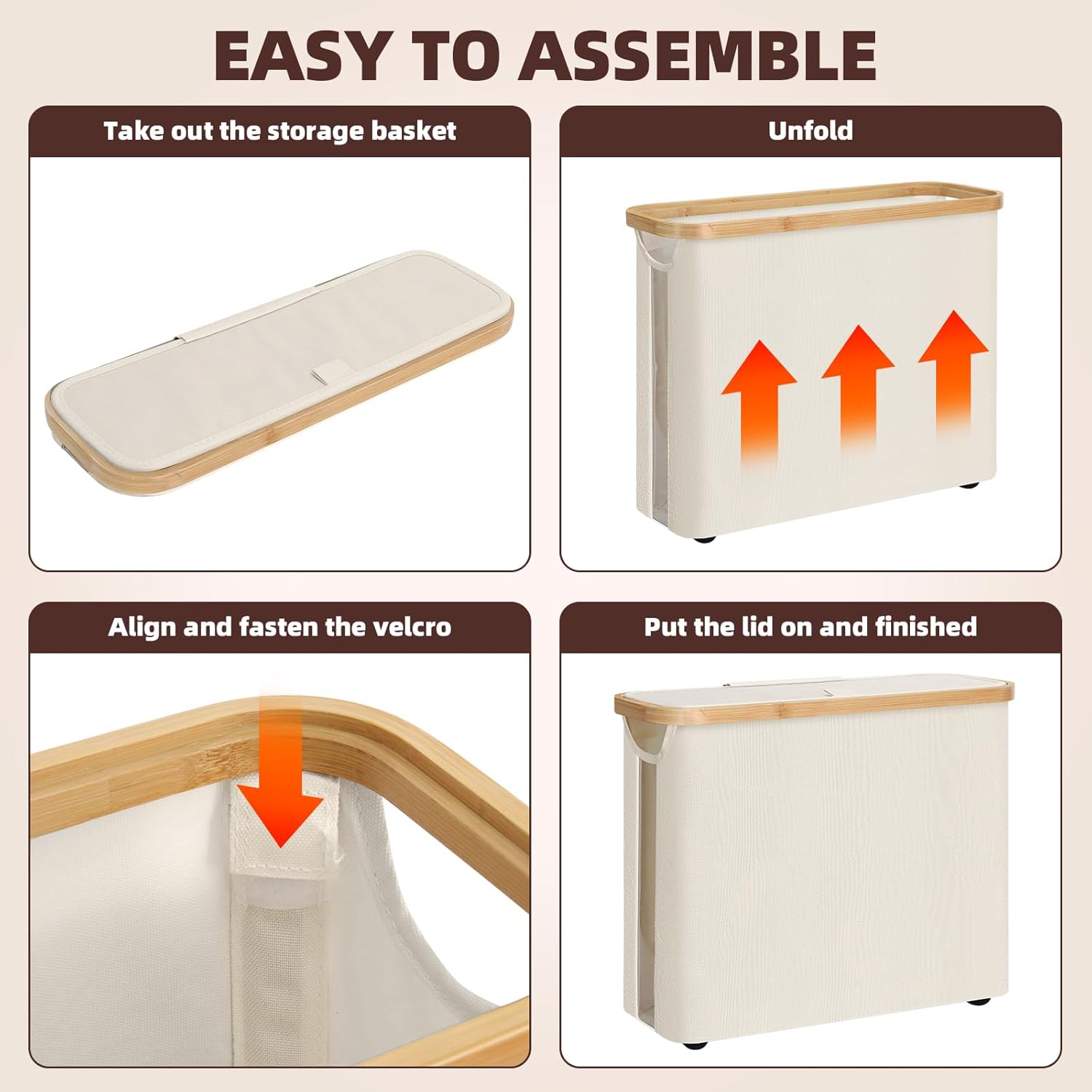 Step-by-step assembly instructions for a storage bin with arrows indicating actions.