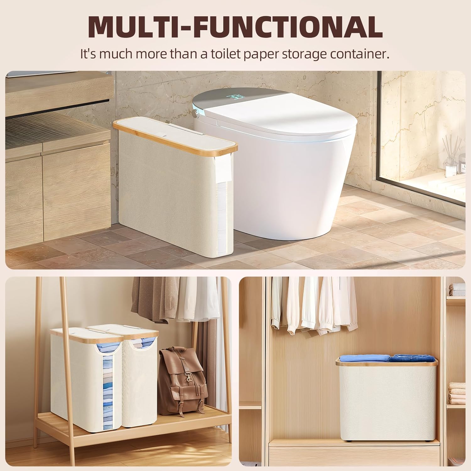Multi-functional storage container used in various settings including a bathroom and closet.