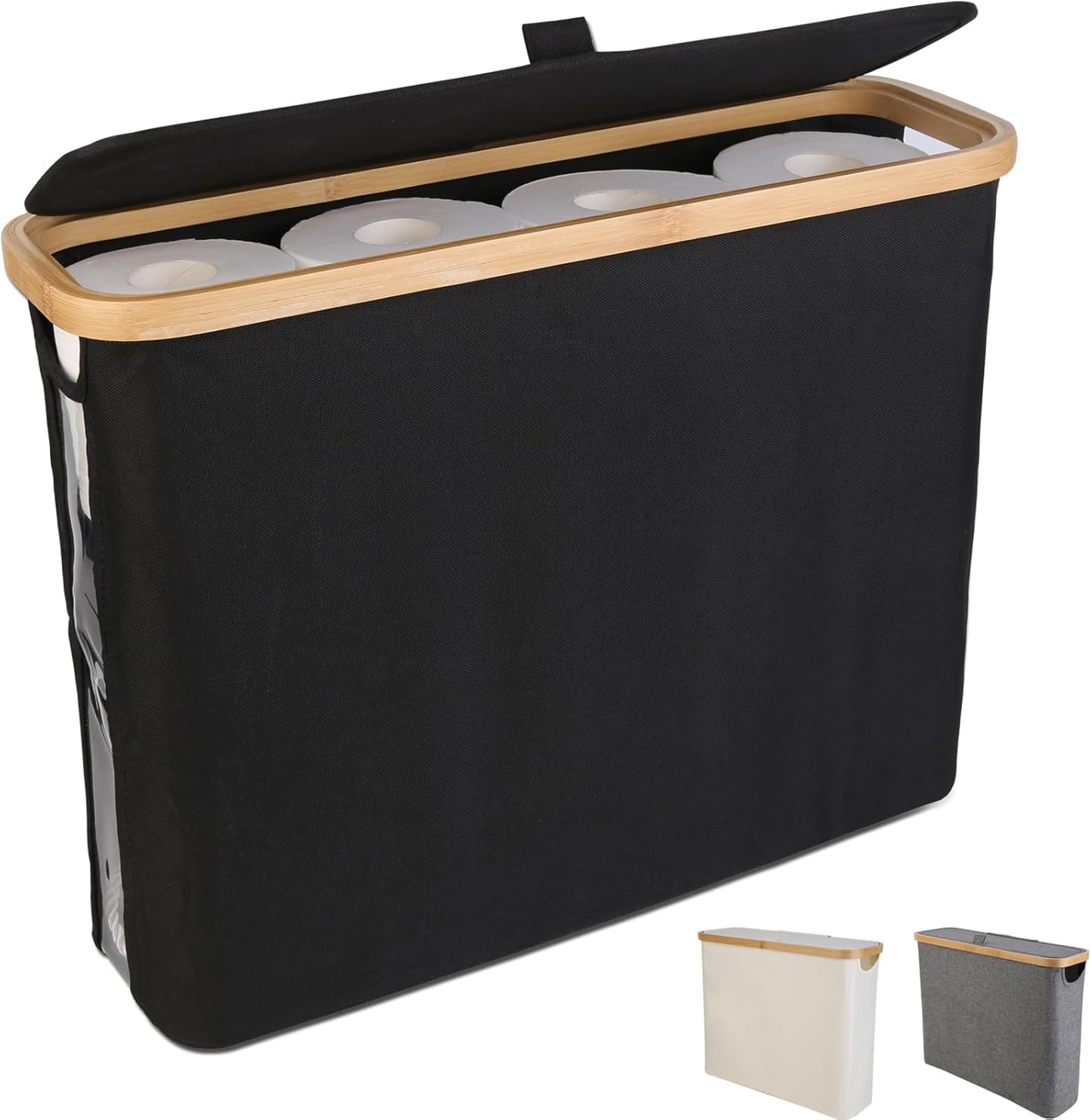 Black laundry basket with wooden handle and compartments for clothes