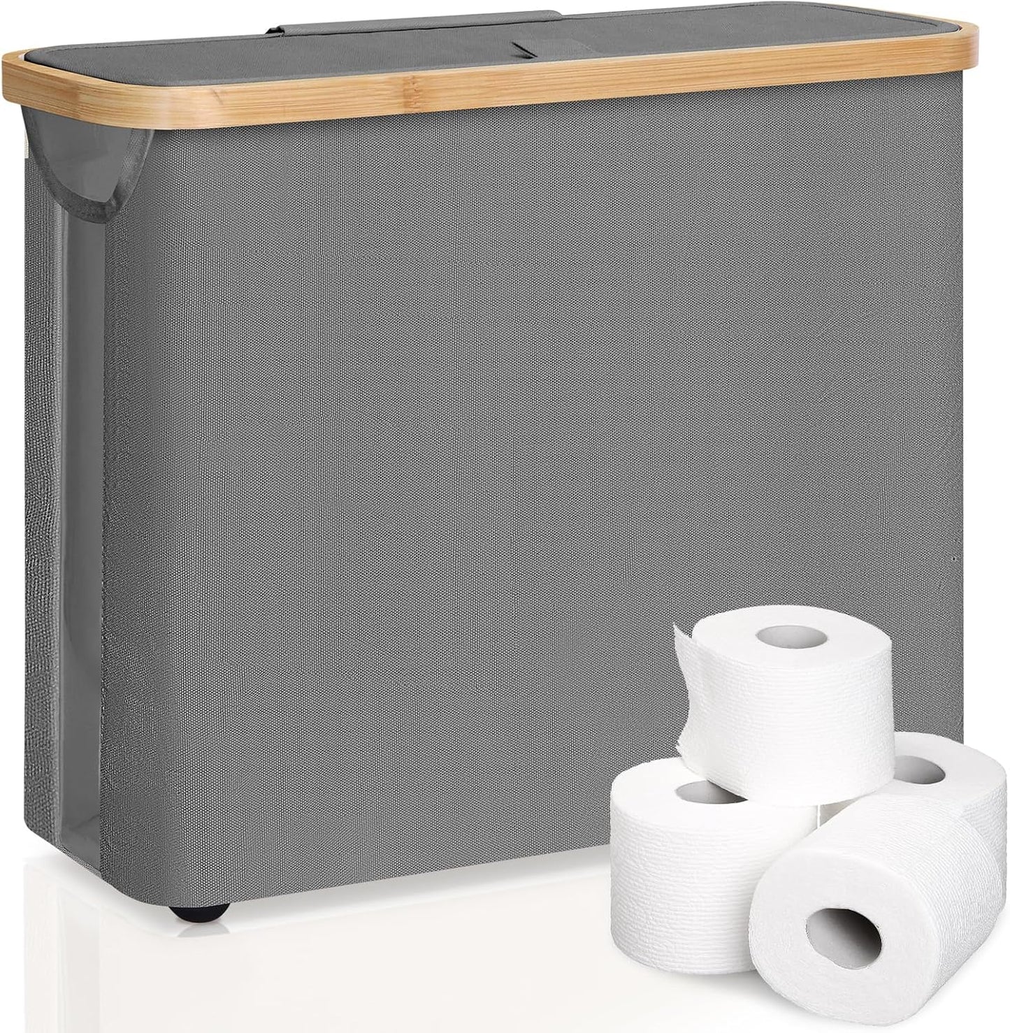 Gray laundry basket with wooden top and three rolls of toilet paper on a white background