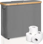 Gray laundry basket with wooden top and three rolls of toilet paper on a white background