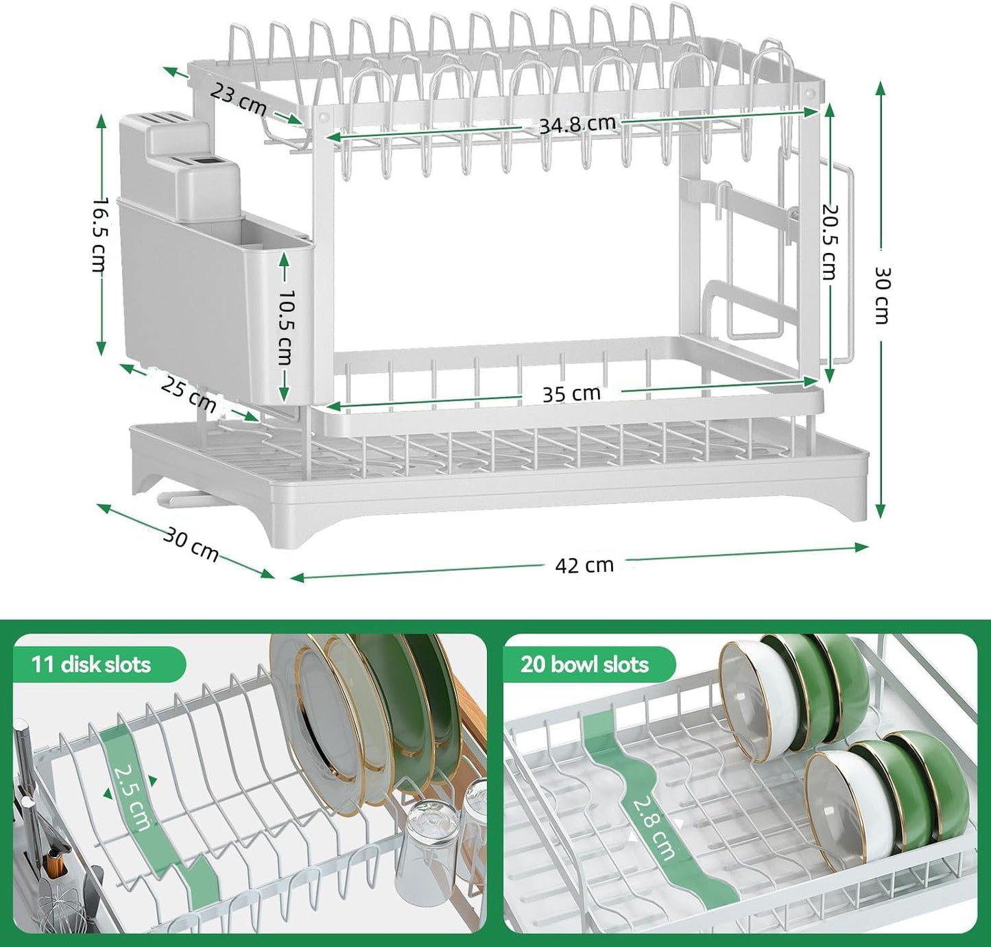 Dish rack with dimensions and features on a white background