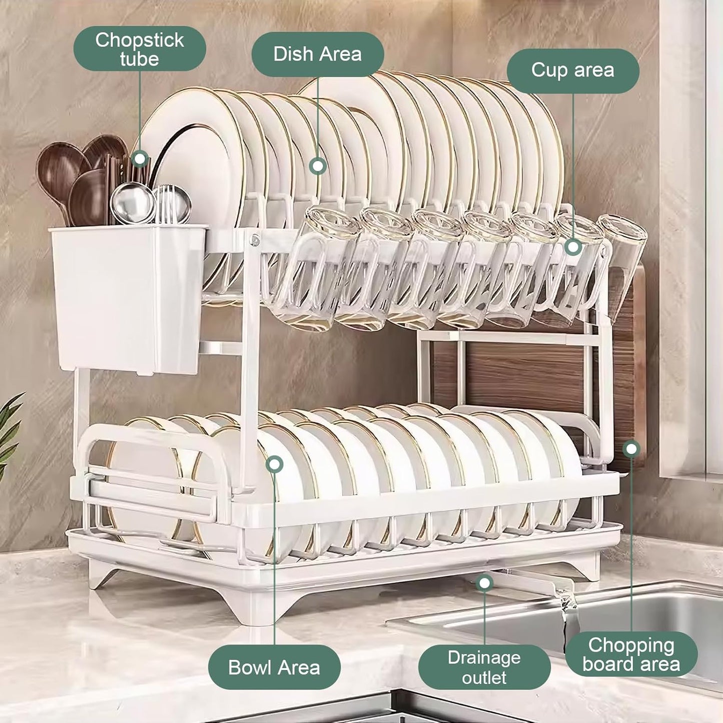 Dish drying rack with labeled sections on a kitchen counter.