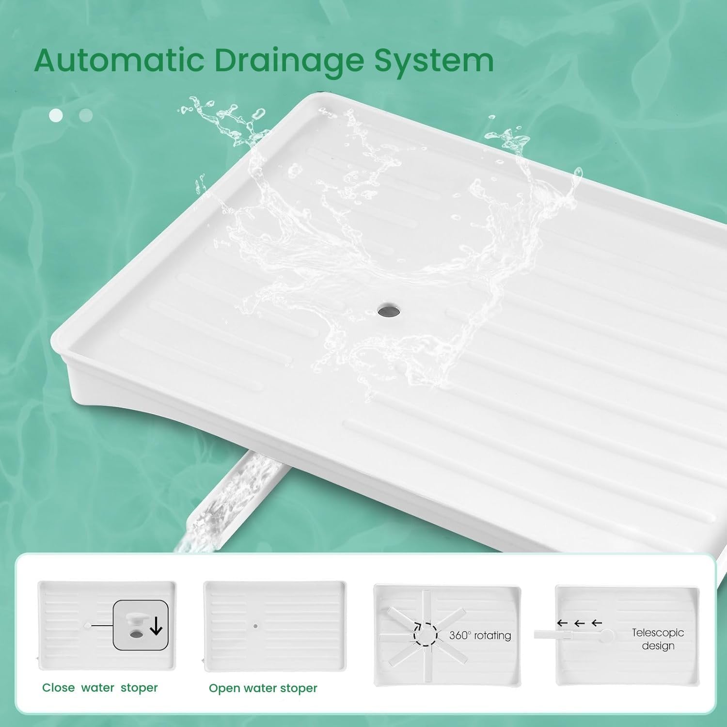 White tray with automatic drainage system on a green background