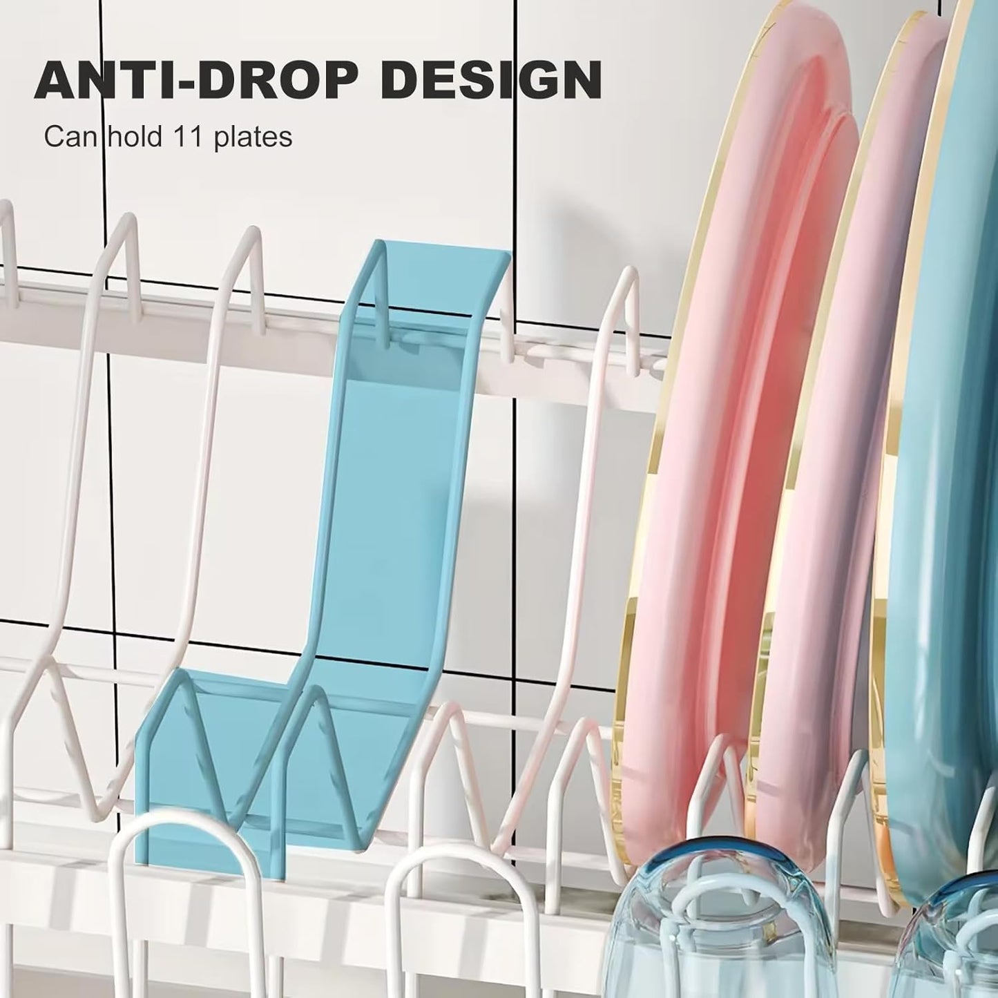 Colorful plates with an anti-drop design on a white tiled wall background
