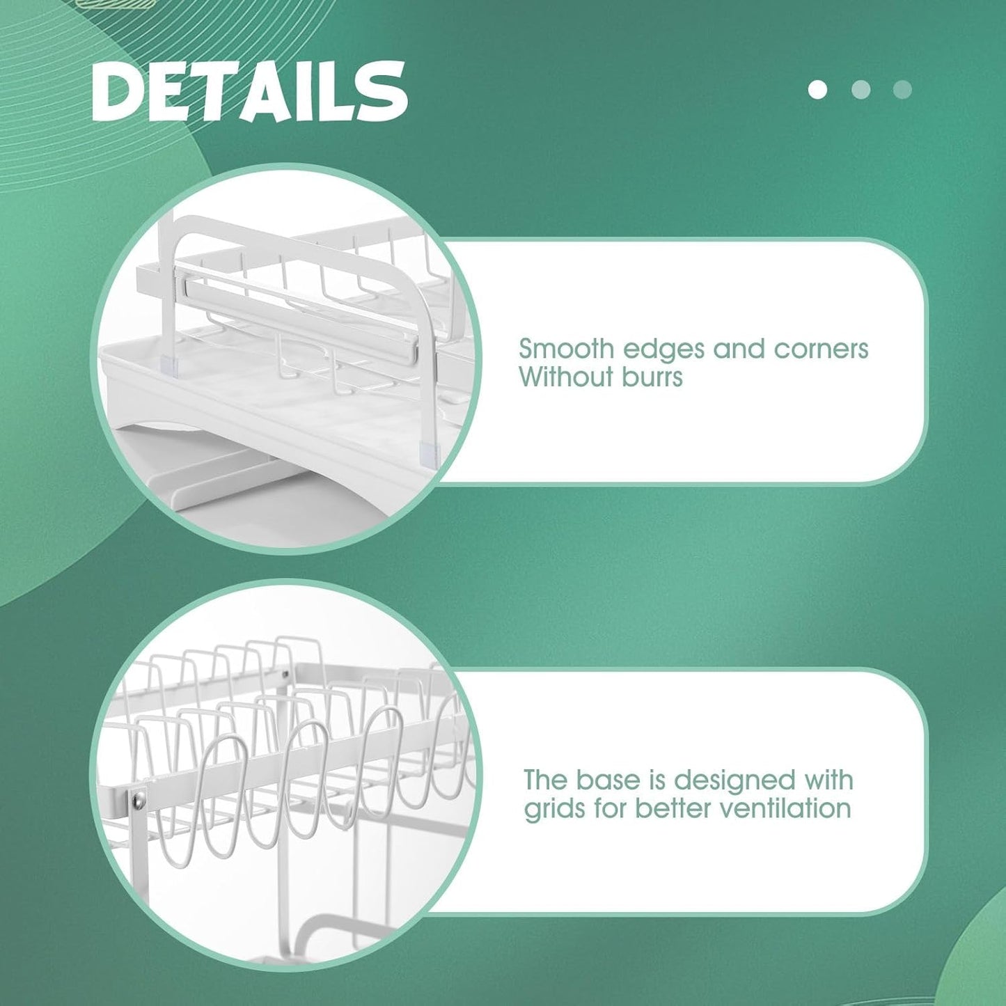 Product details with smooth edges, no burrs, and grid design for better ventilation on a green background.